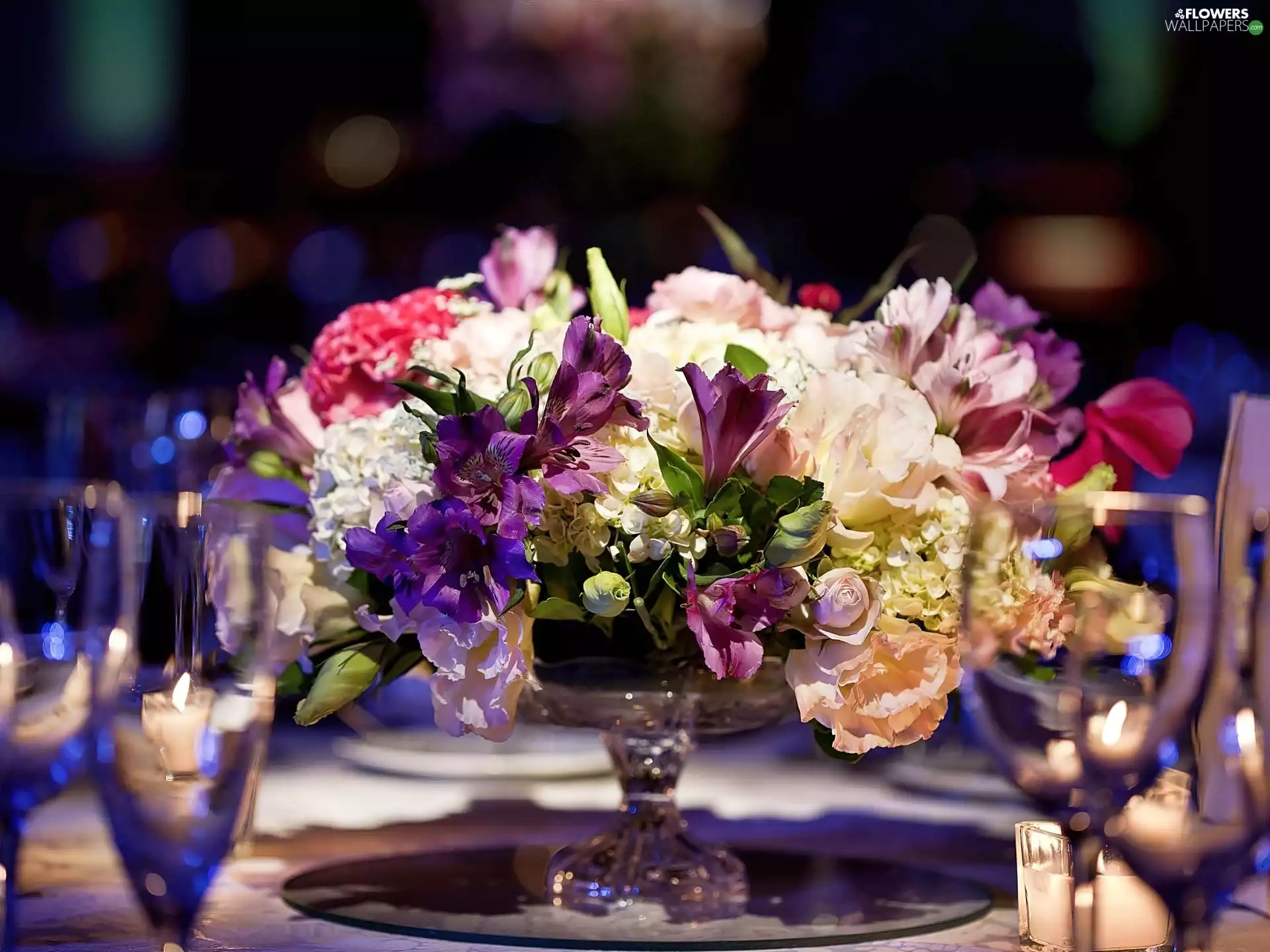 glasses, bouquet, flowers