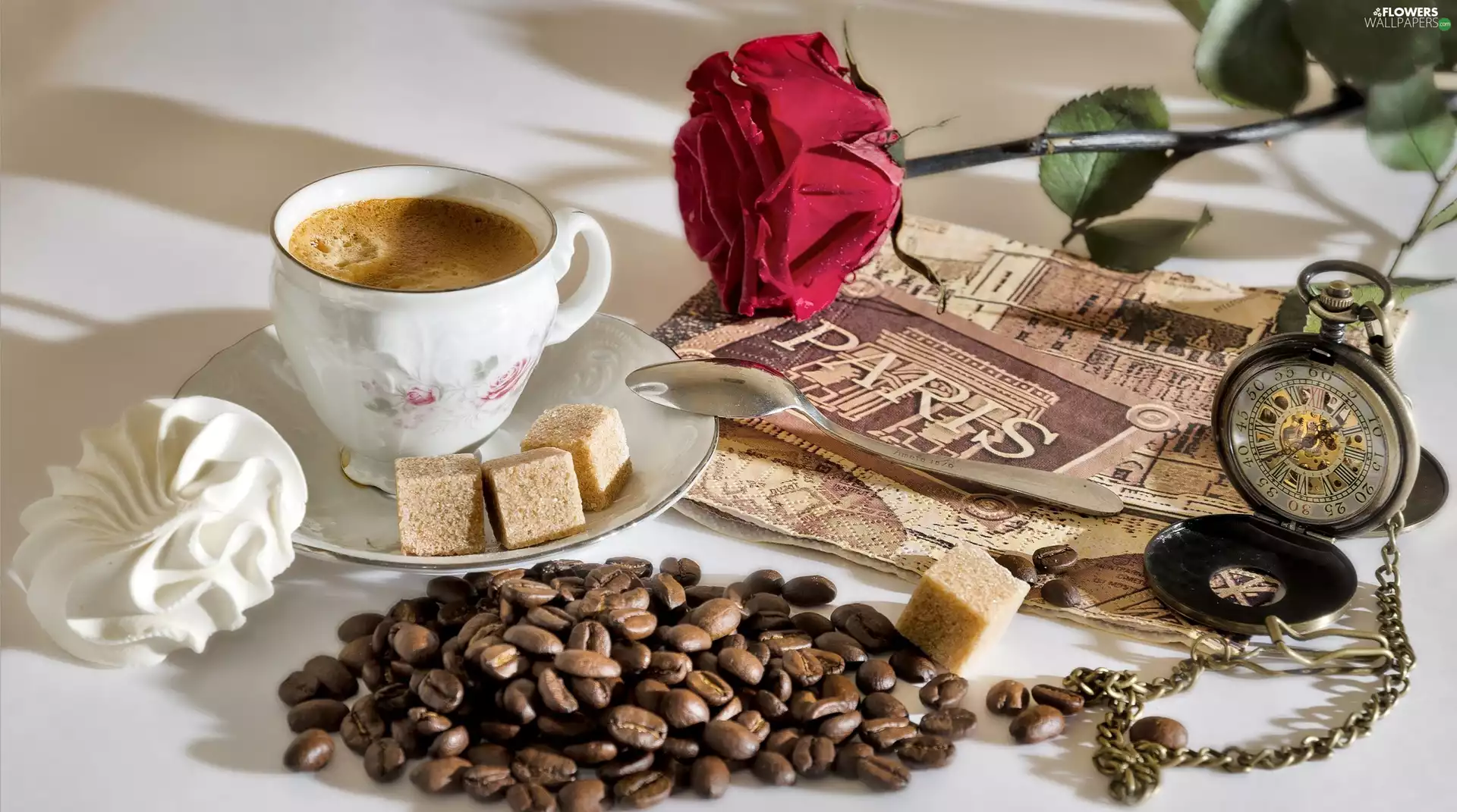 cake, coffee, pocket, rose, cup, Watch, composition